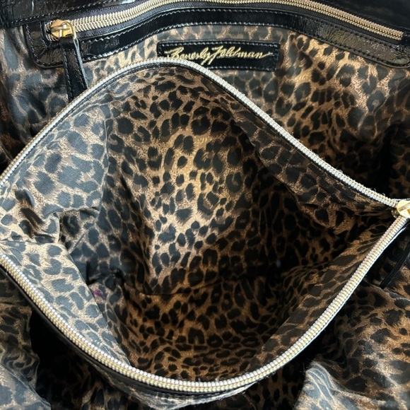 Beverly Feldman Black Patent Leather Large Handbag with Animal Print Interior‎ - Picture 13 of 15